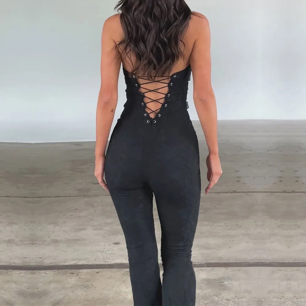 Sexy Sexy Lash Rope Lace up Slim Fit Jumpsuit See through Lace Trousers