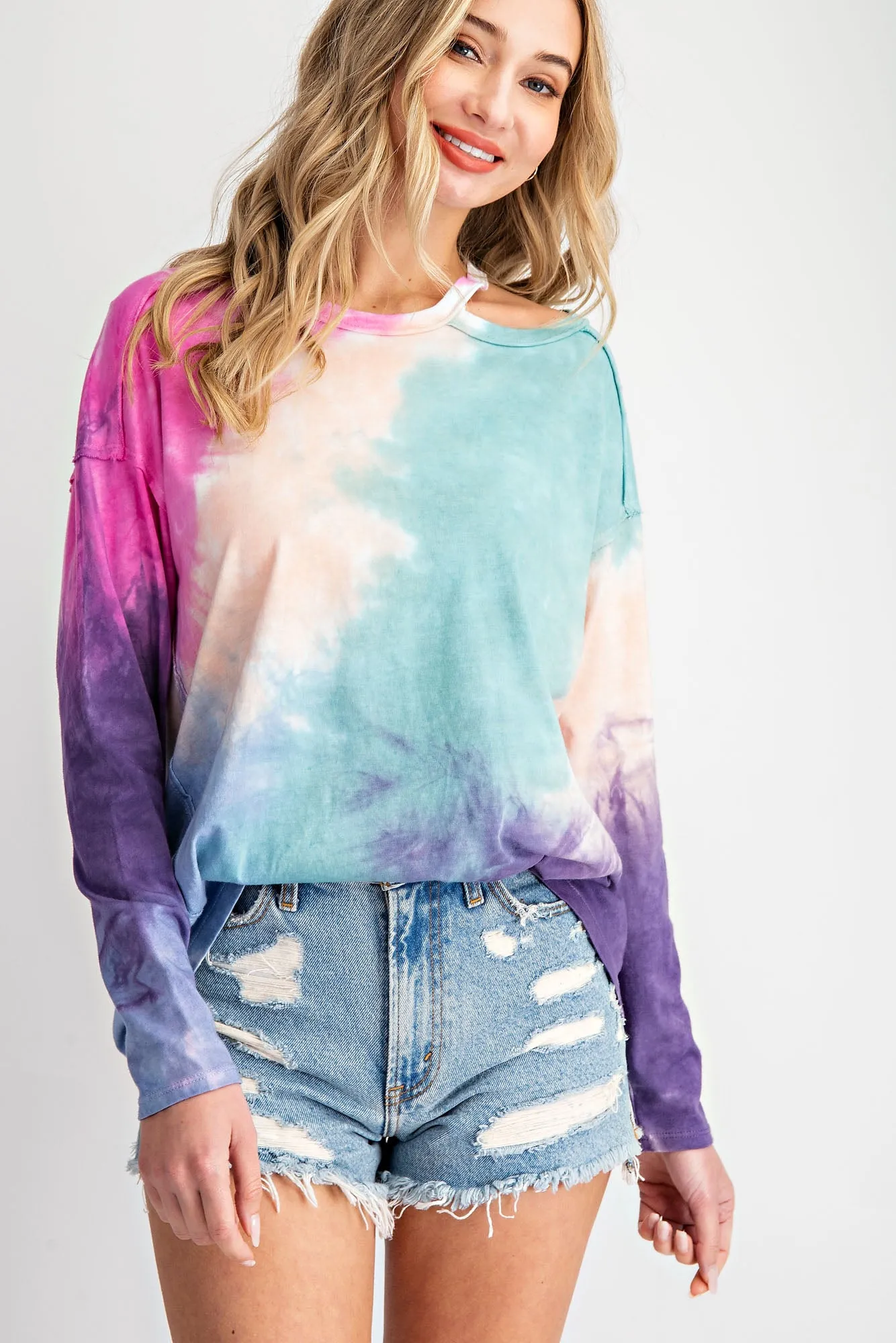 Shoulder Cut Out Tie Dye Top