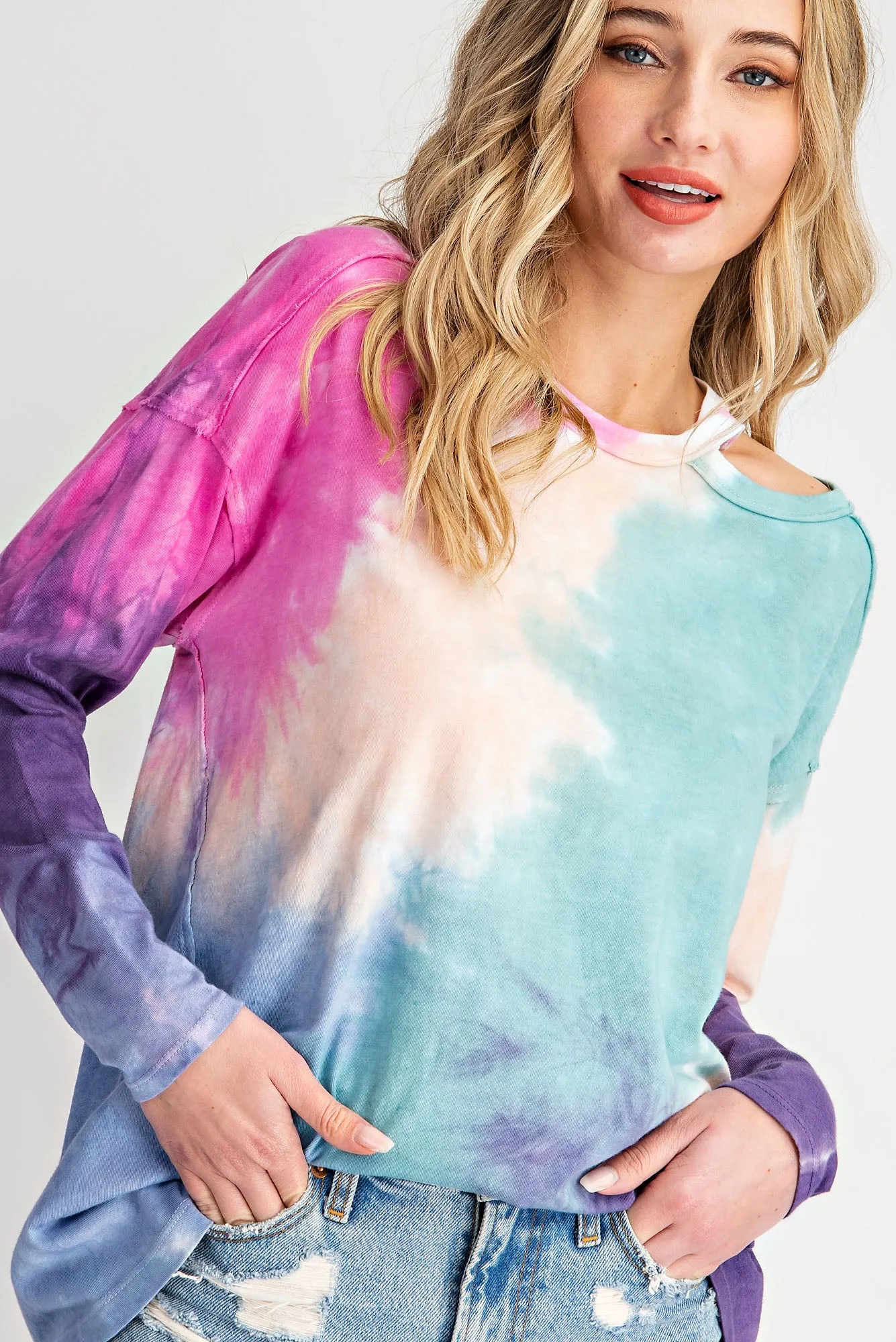 Shoulder Cut Out Tie Dye Top