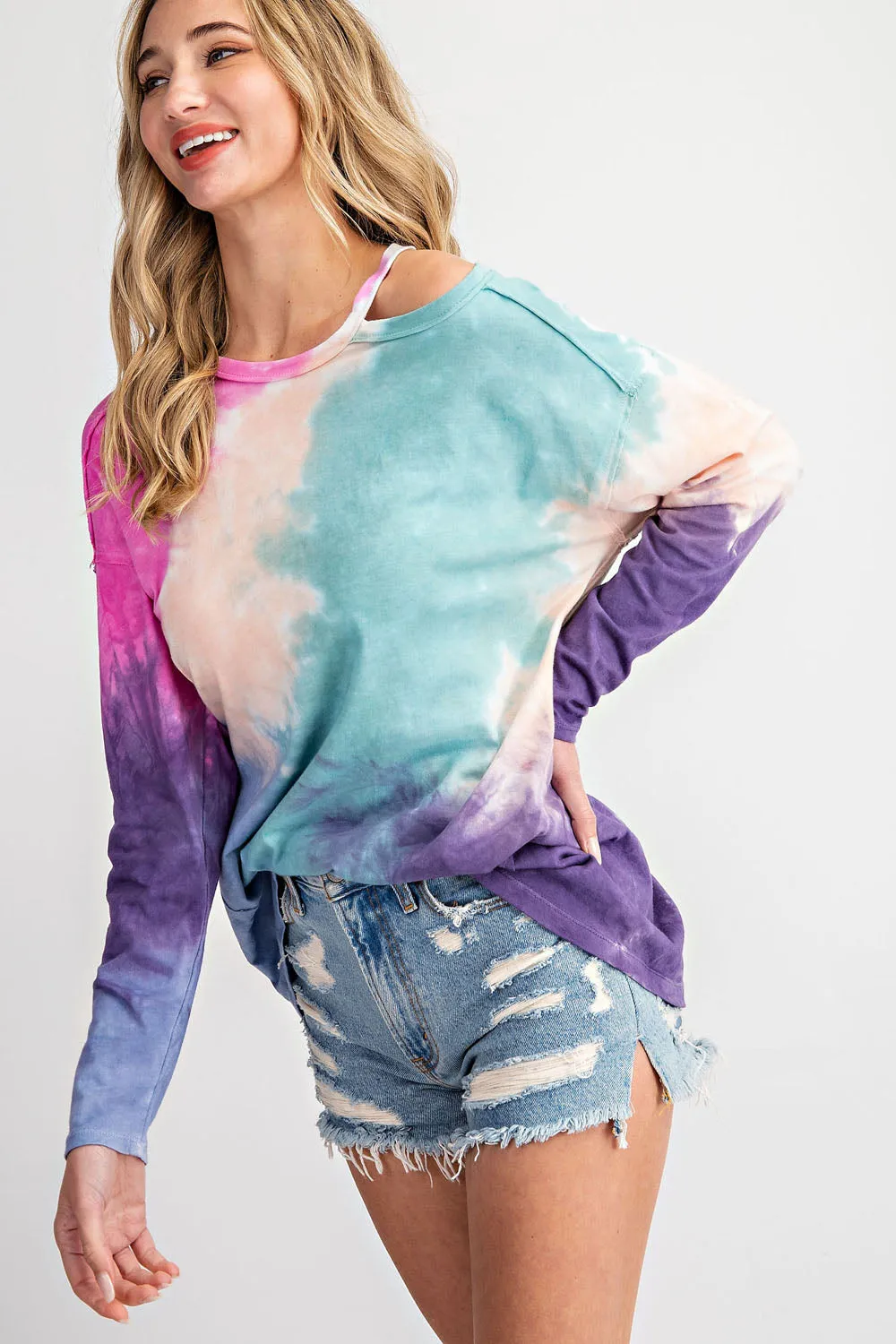 Shoulder Cut Out Tie Dye Top