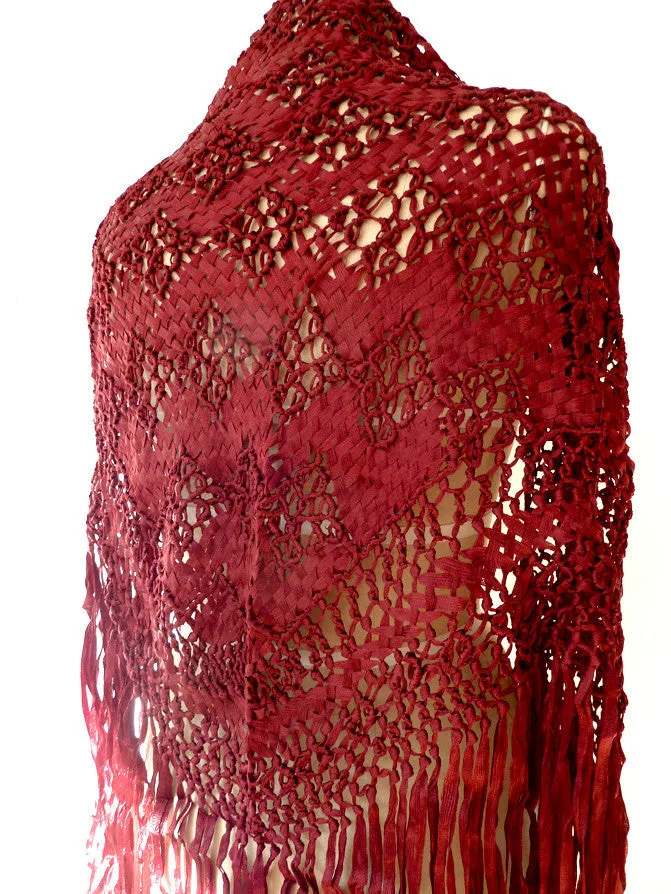 Silk Macrame Triangle Shawl Wine