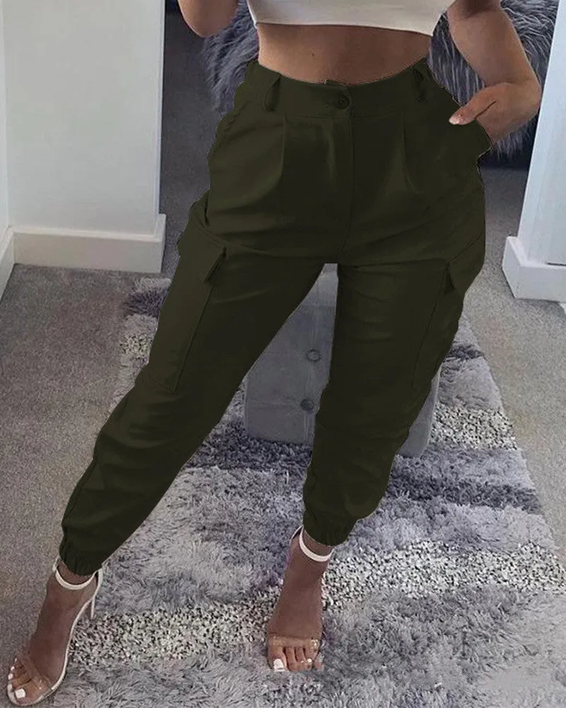 Solid Color Slim-fit Cargo Slacks Women