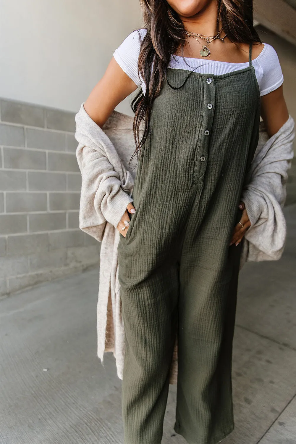 Spaghetti Straps Button Front Crinkle Henley Jumpsuit