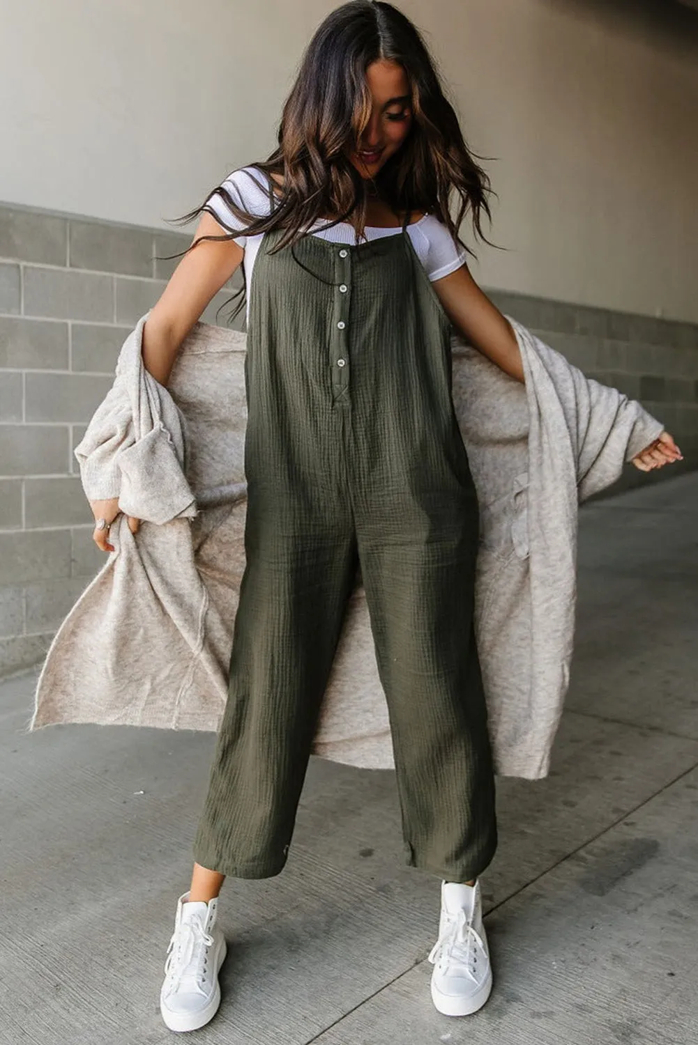 Spaghetti Straps Button Front Crinkle Henley Jumpsuit