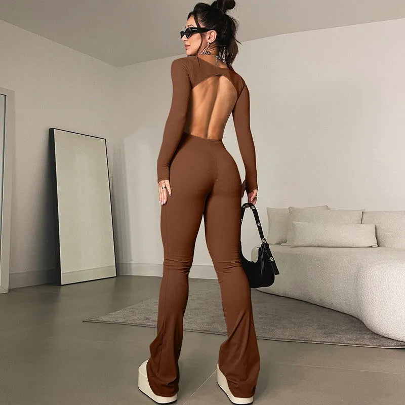 Sports Solid Color One Piece Trousers U Neck Long Sleeved Backless Fleece Jumpsuit Women Clothing Autumn