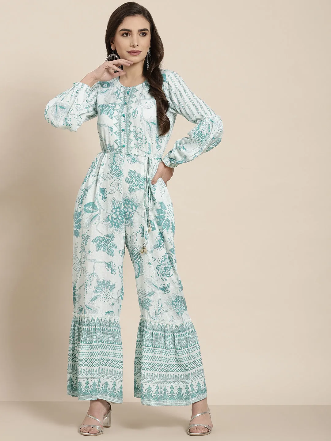 Teal Rayon Printed Jumpsuit