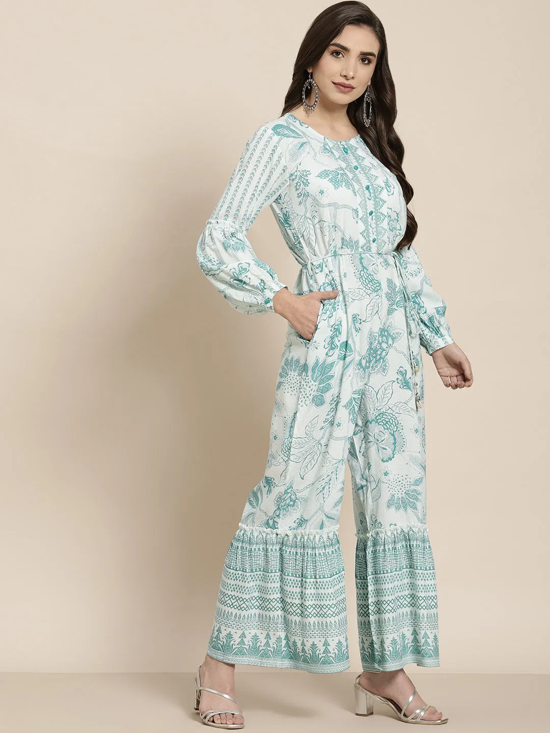 Teal Rayon Printed Jumpsuit