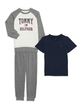 Tommy Hilfiger Baby Boys Basic T-shirt, Fleece Raglan Logo Crewneck and Joggers, 3 Piece Set - Gray