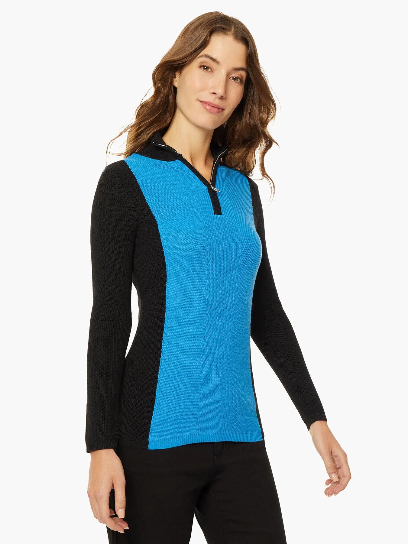 Two-Tone Quarter-Zip Ribbed Sweater