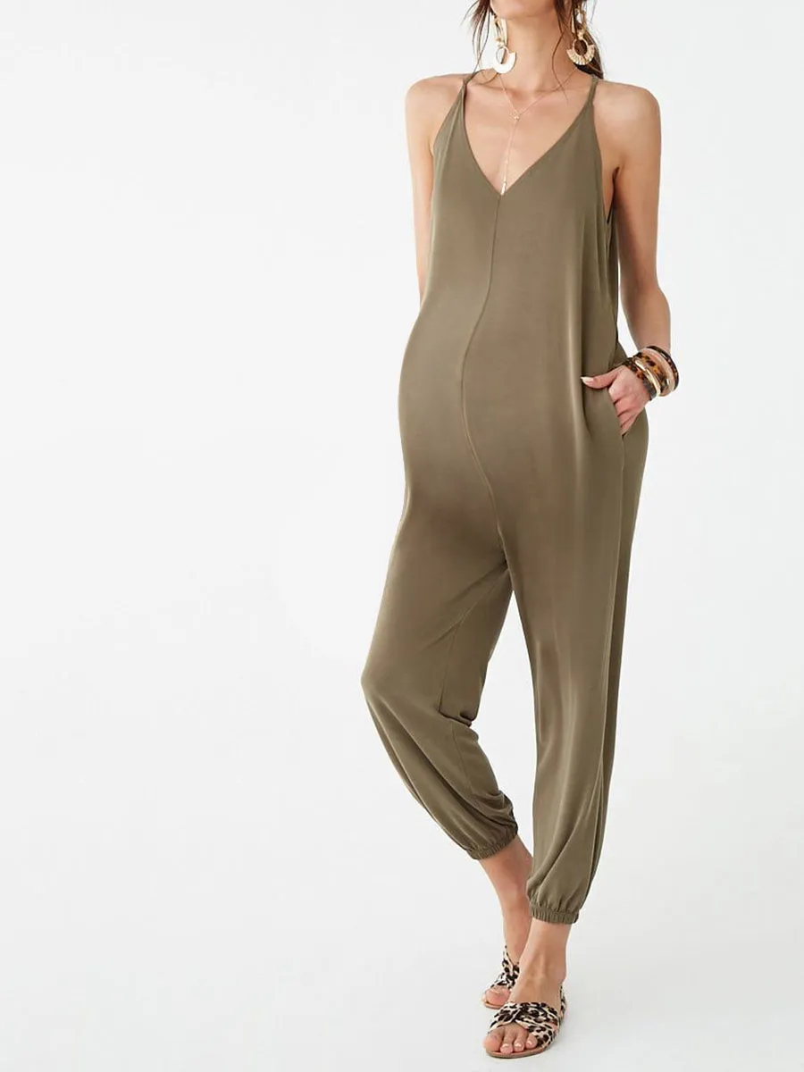 V-neck Suspenders Closure Trousers Jumpsuit