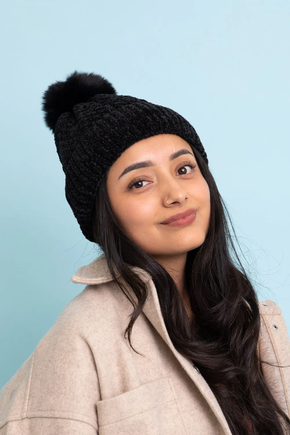 Velvet Cable Knit Pom Beanie