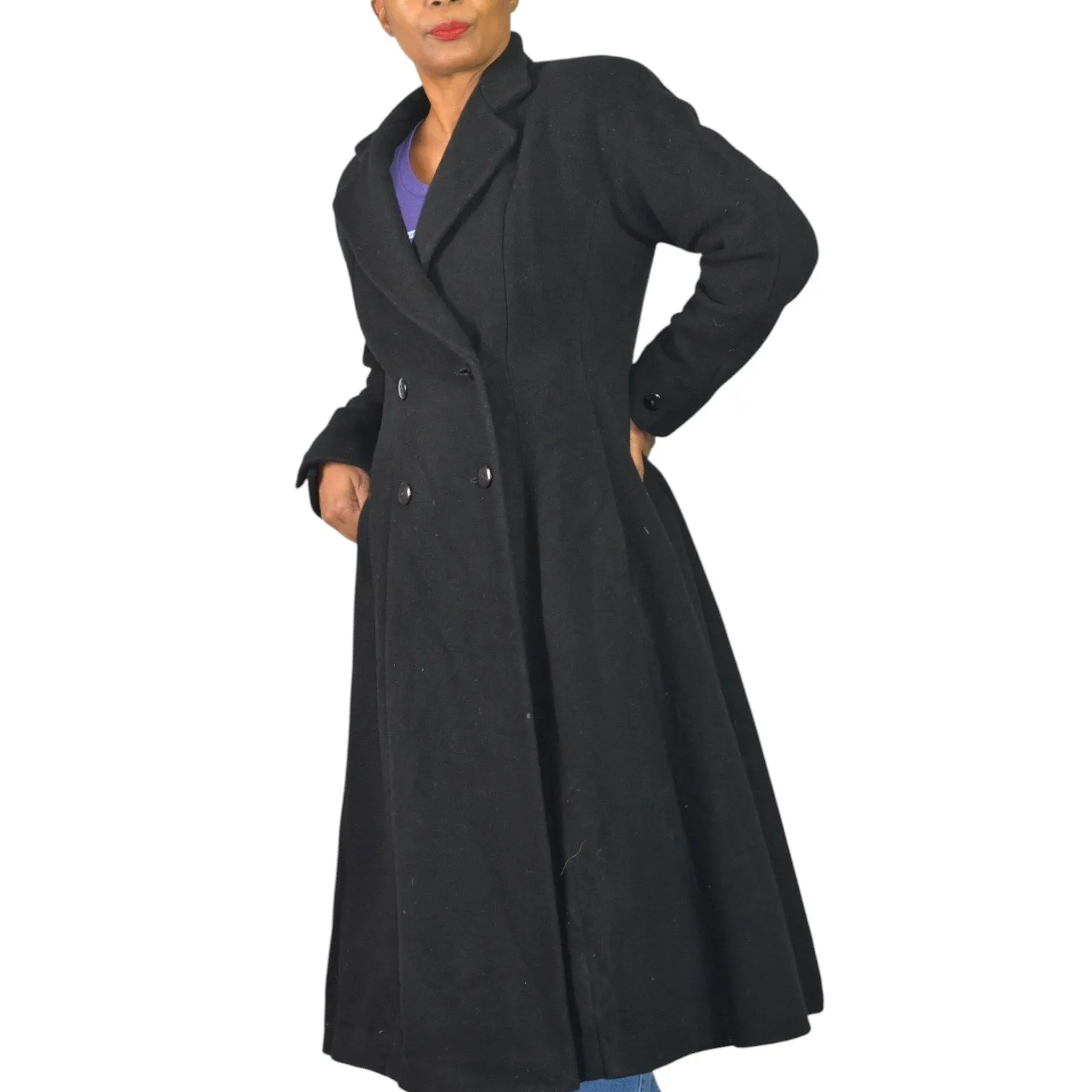 Vintage Wool Coat Long Black Double Breasted Midi Flare 80s Dress JG Hook Size Medium