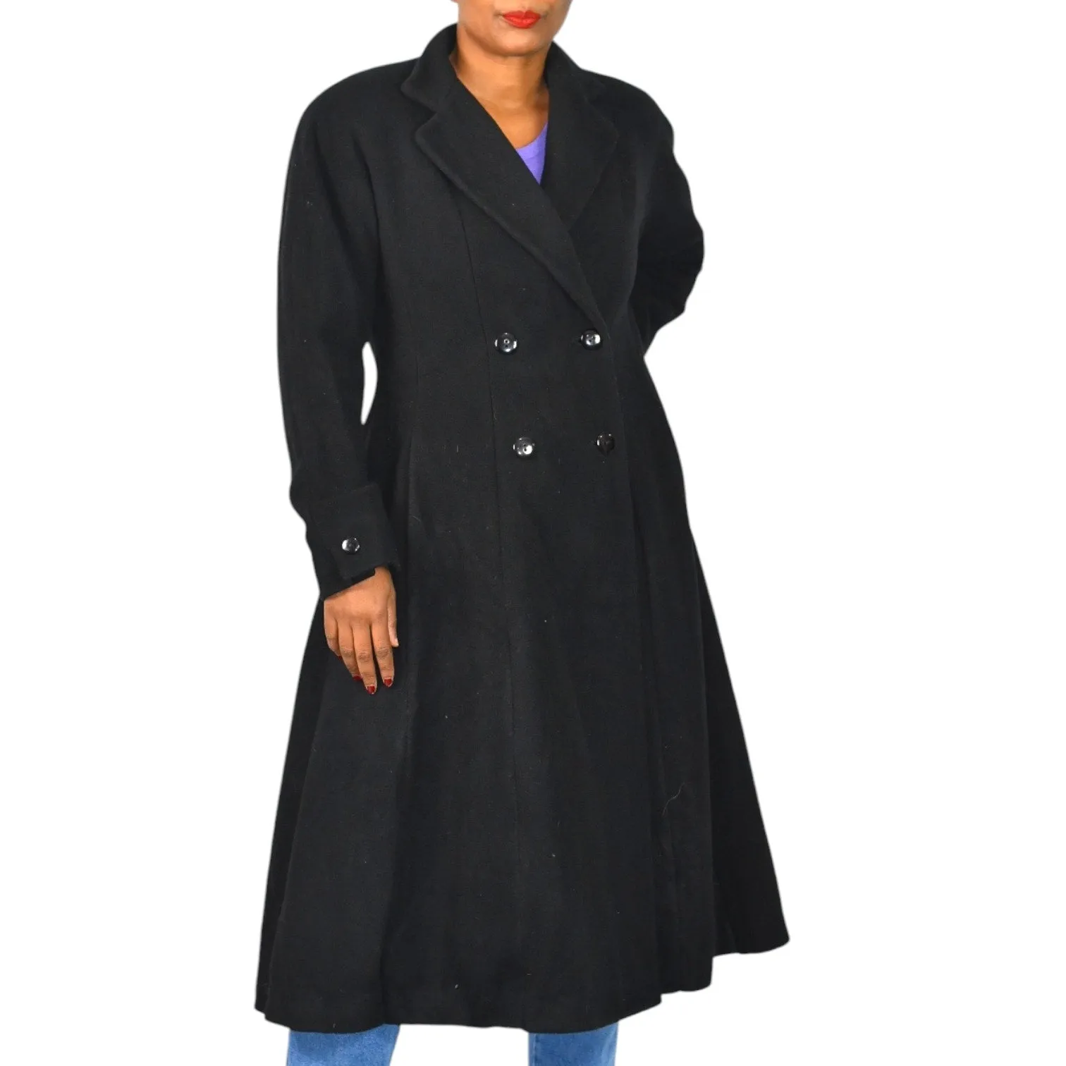 Vintage Wool Coat Long Black Double Breasted Midi Flare 80s Dress JG Hook Size Medium