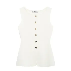 White Golden Button Embellished Flat Needle Vest Top