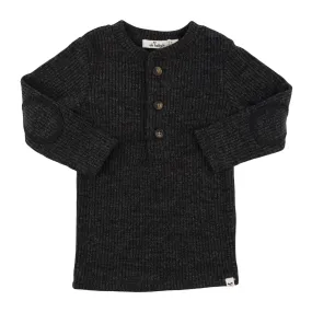 Wide Rib Fuzzy Sweater Knit Elbow Patch Henley- Charcoal Pepper