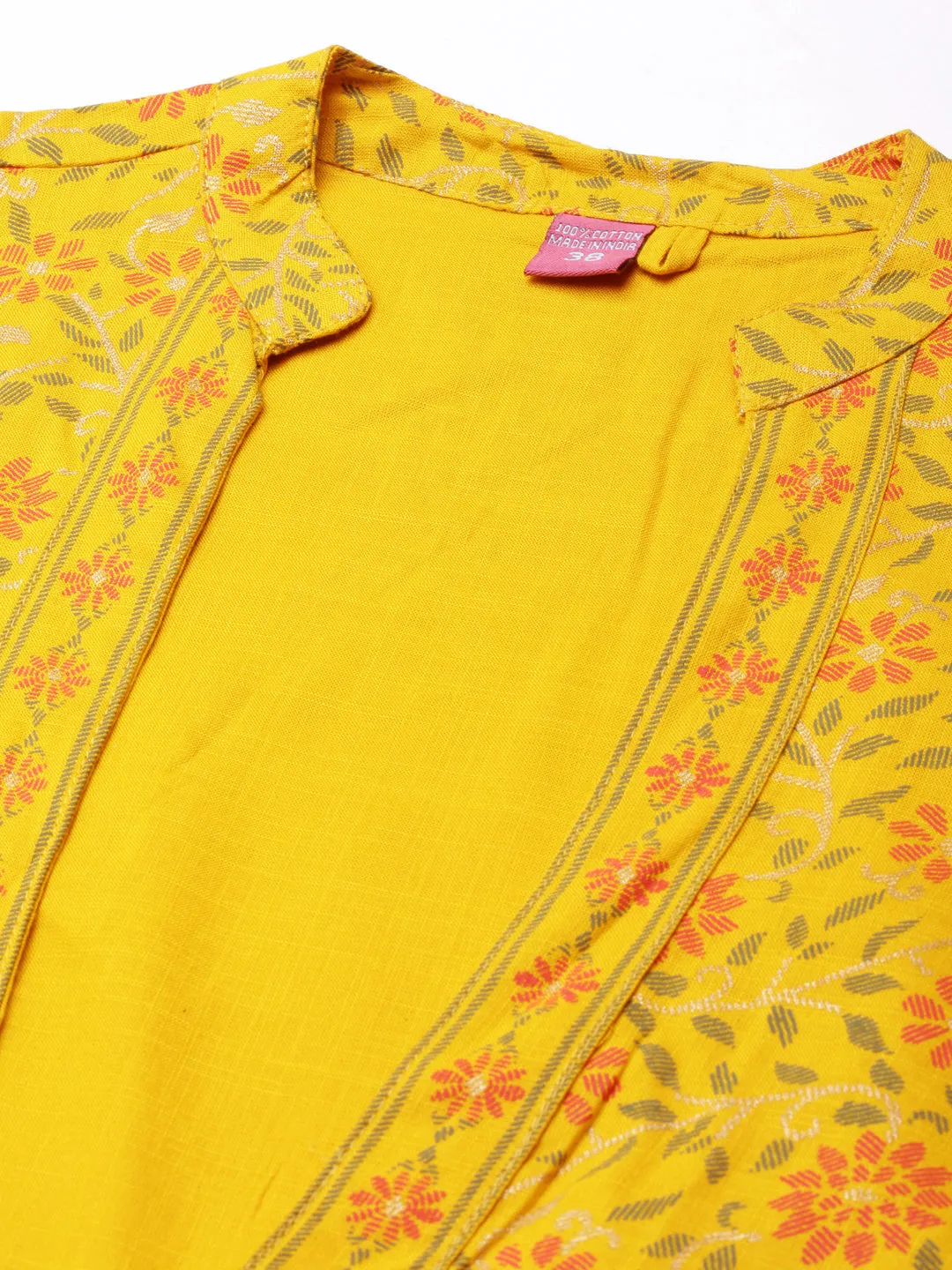 Women Anarkali Mustard Floral Kurta Comes With Overcoat