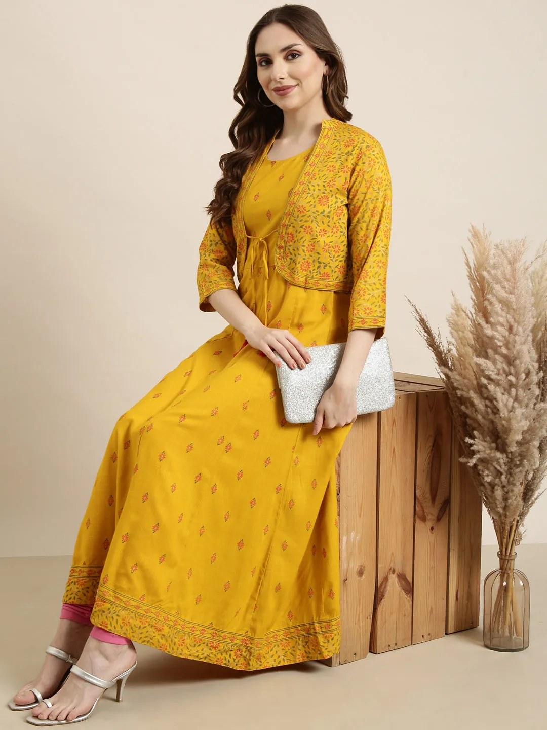 Women Anarkali Mustard Floral Kurta Comes With Overcoat