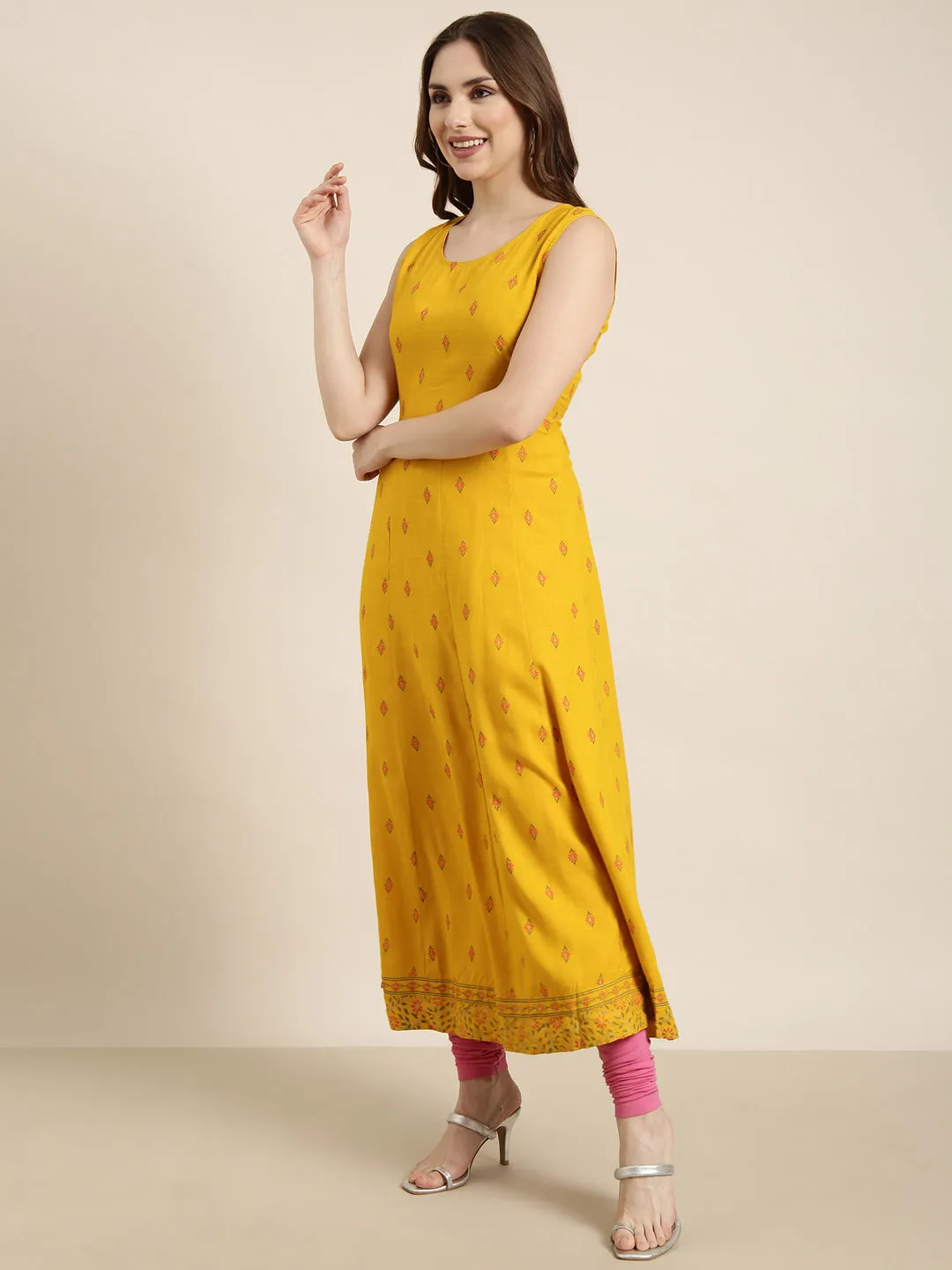 Women Anarkali Mustard Floral Kurta Comes With Overcoat