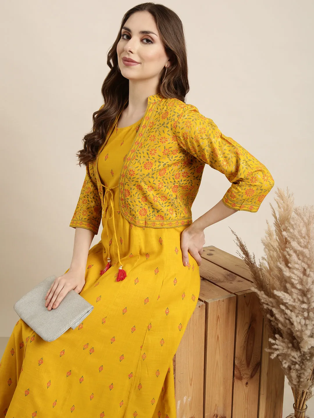 Women Anarkali Mustard Floral Kurta Comes With Overcoat