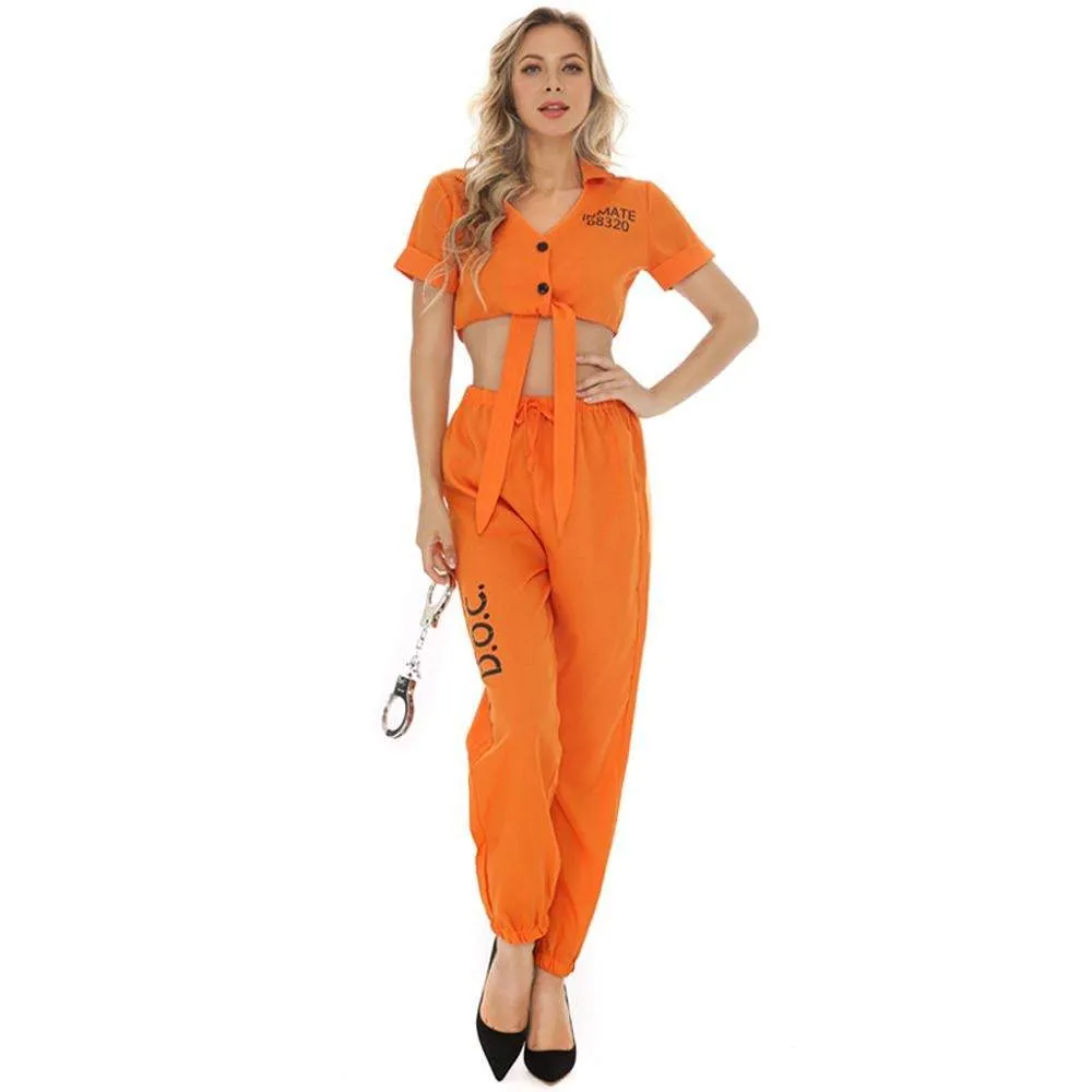 Women Prisoner Costume Halloween Cosplay Jumpsuit Female