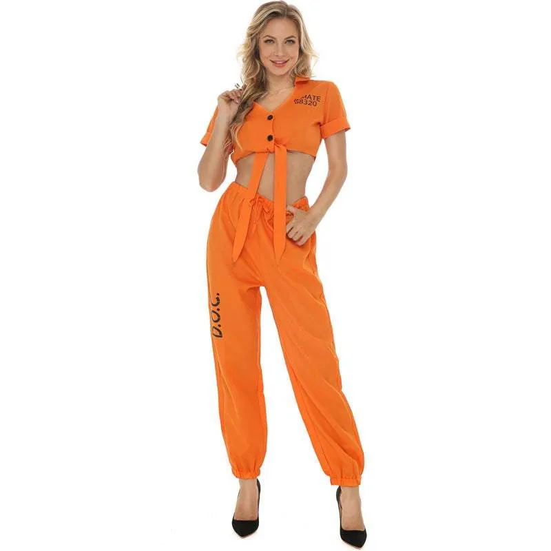 Women Prisoner Costume Halloween Cosplay Jumpsuit Female