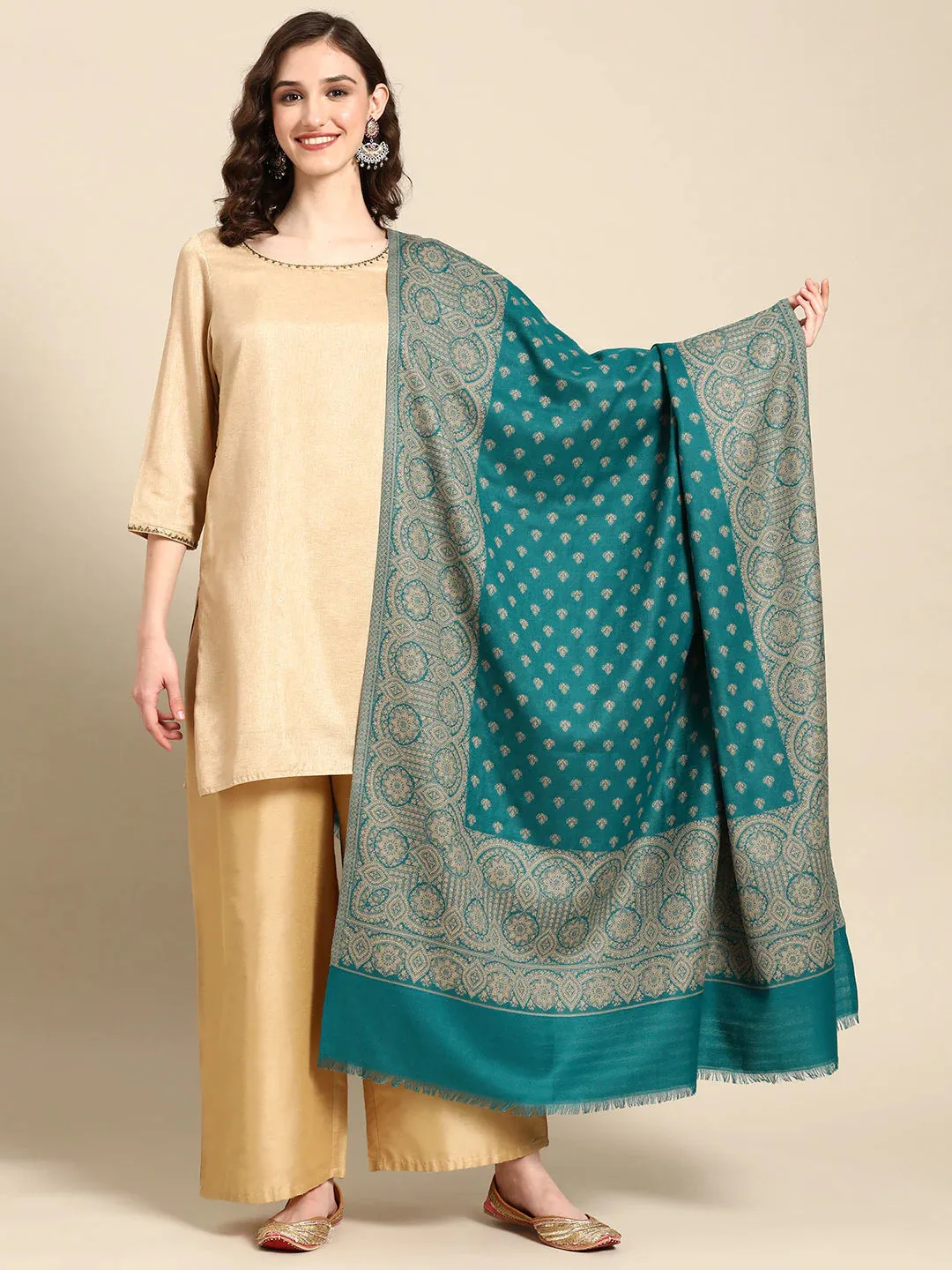 Women Sea Green & Beige Kashmiri Embroidery Shawl