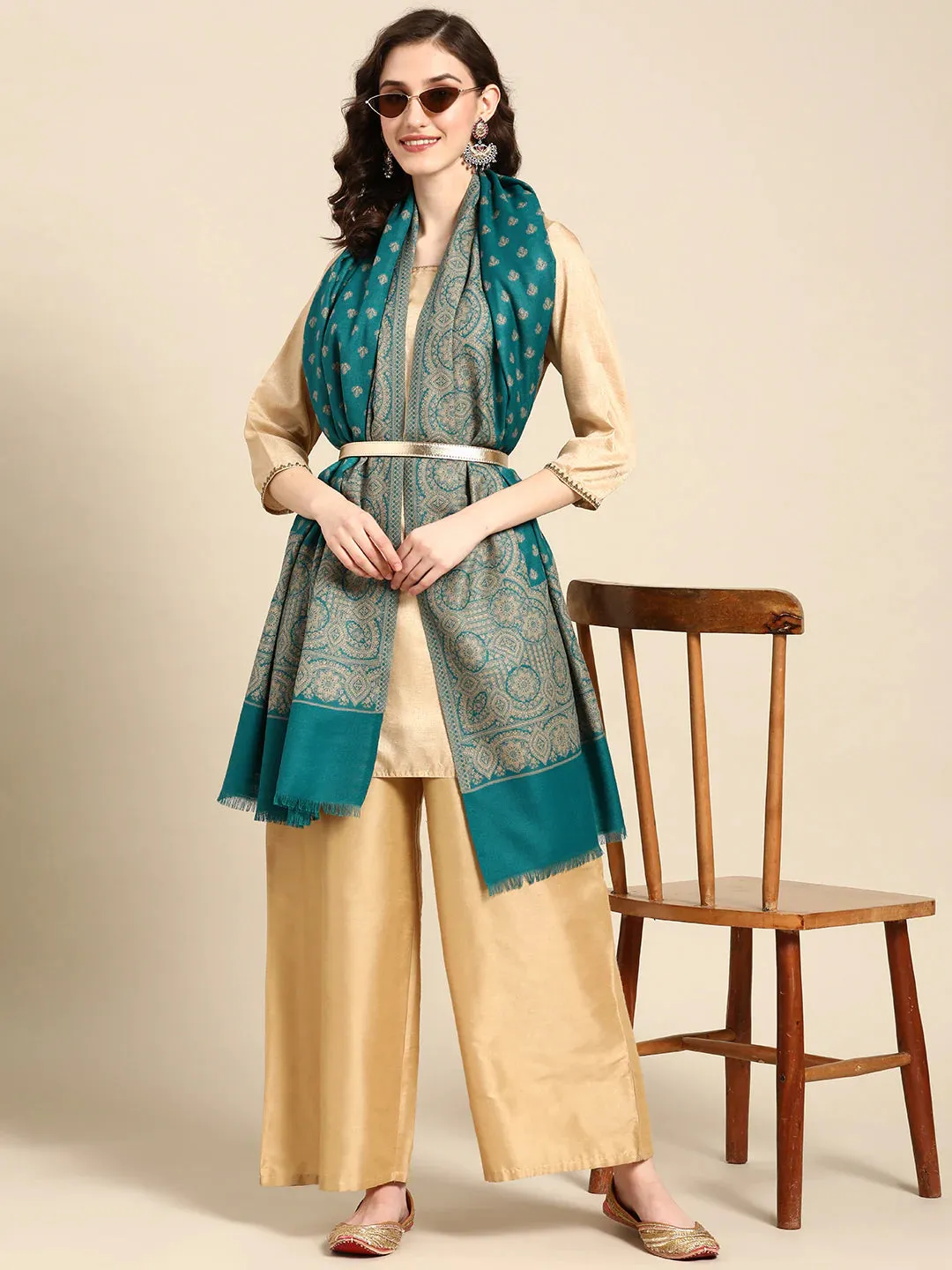 Women Sea Green & Beige Kashmiri Embroidery Shawl