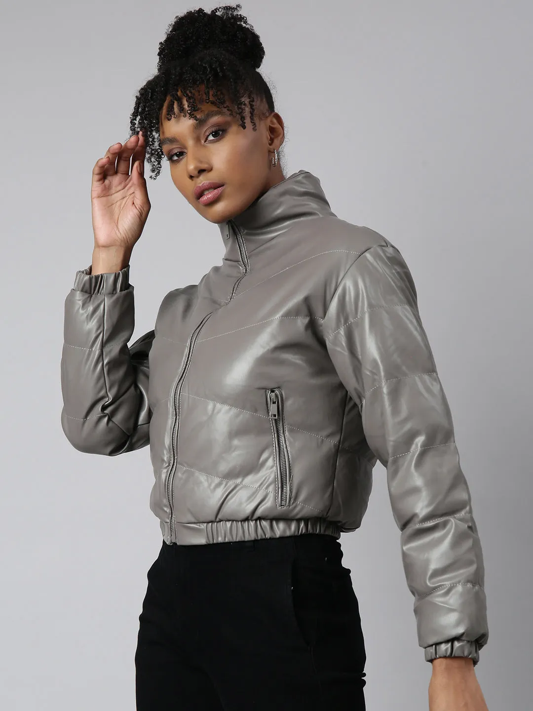 Women Solid Grey Puffer Jacket