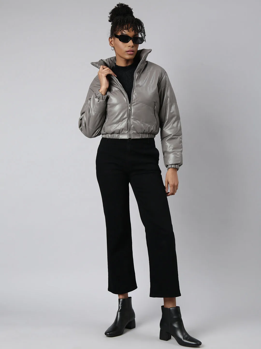 Women Solid Grey Puffer Jacket