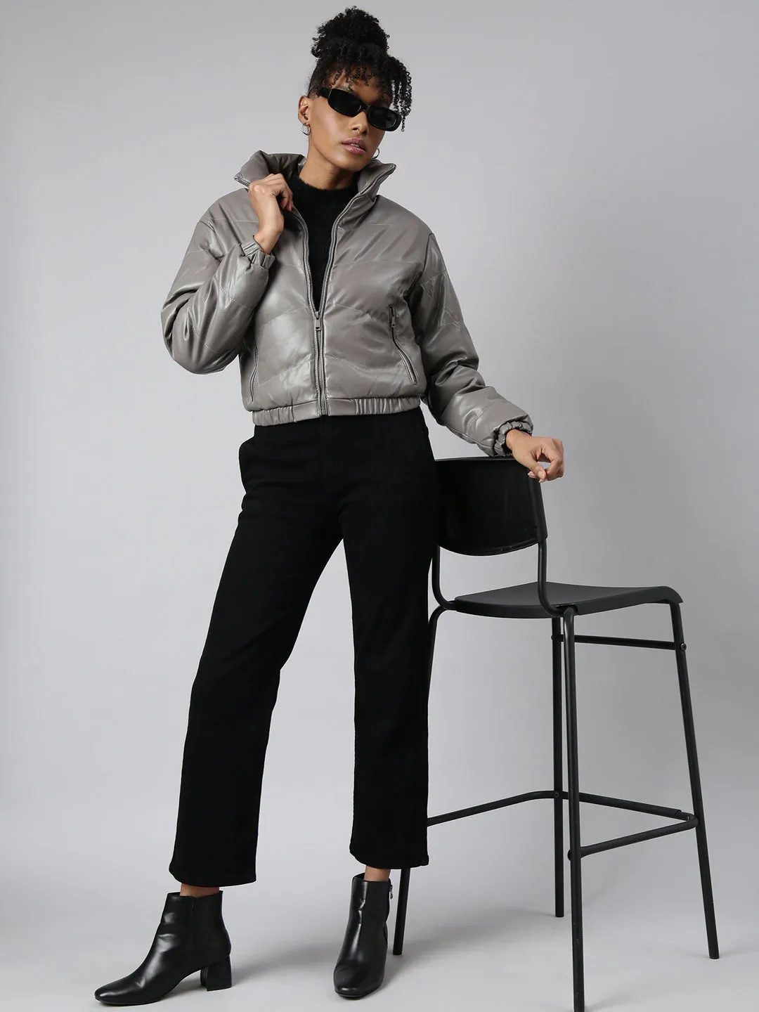 Women Solid Grey Puffer Jacket