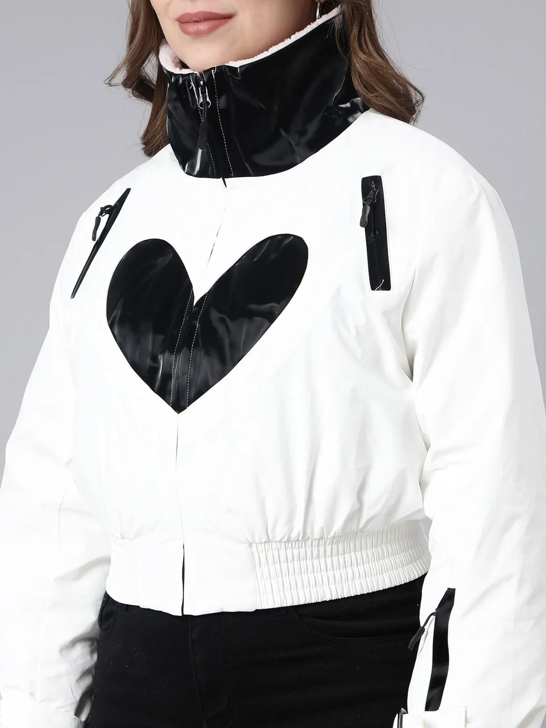 Women Solid White Crop Puffer Jacket