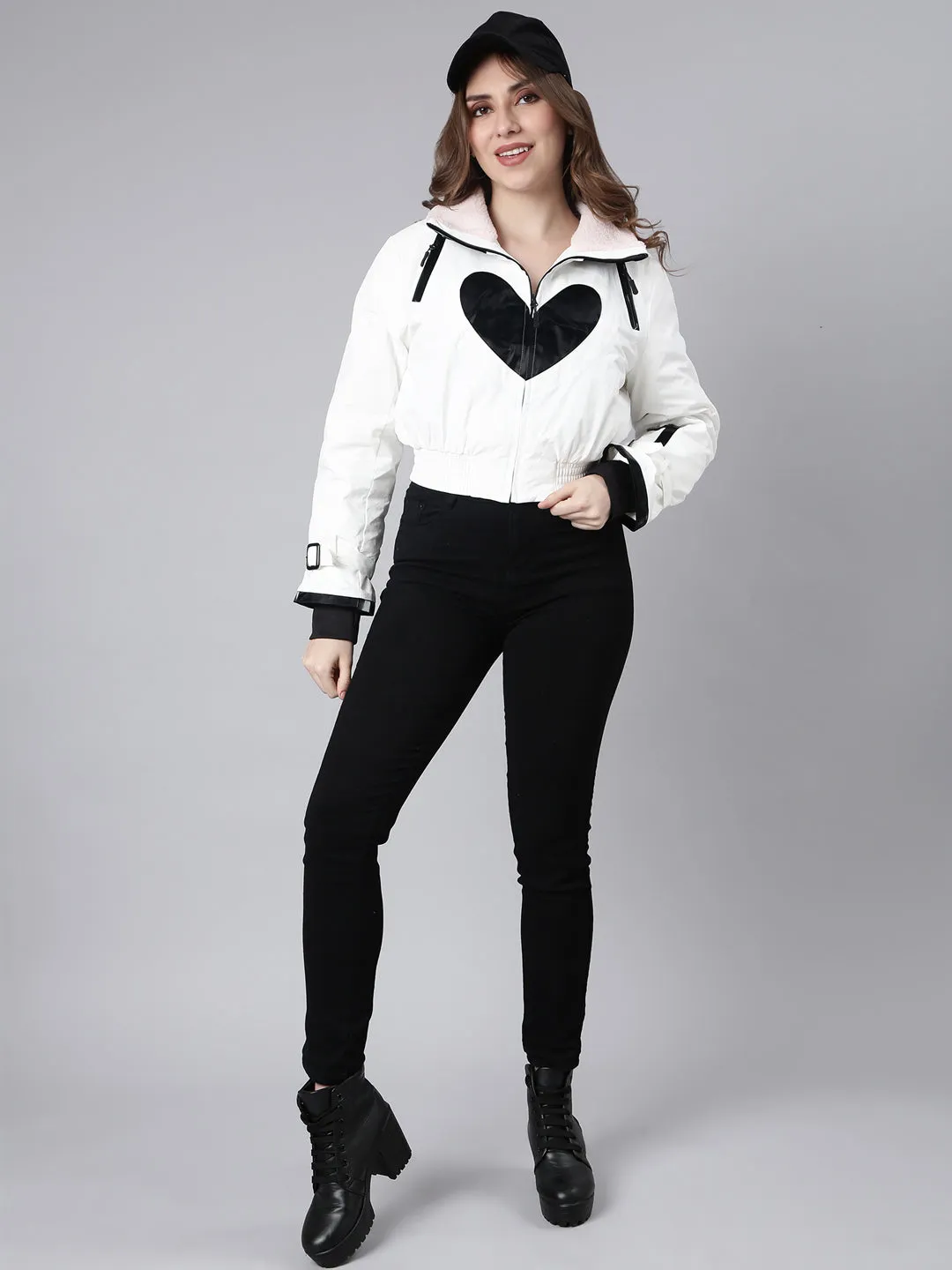 Women Solid White Crop Puffer Jacket