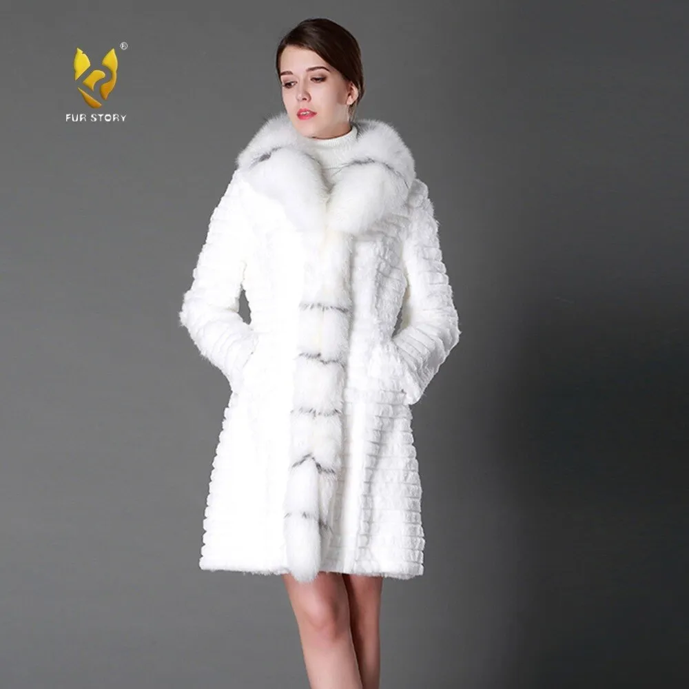 Women's Genuine Rabbit Fur Coat Genuine Fox Fur Collar Long Overcoat 15130