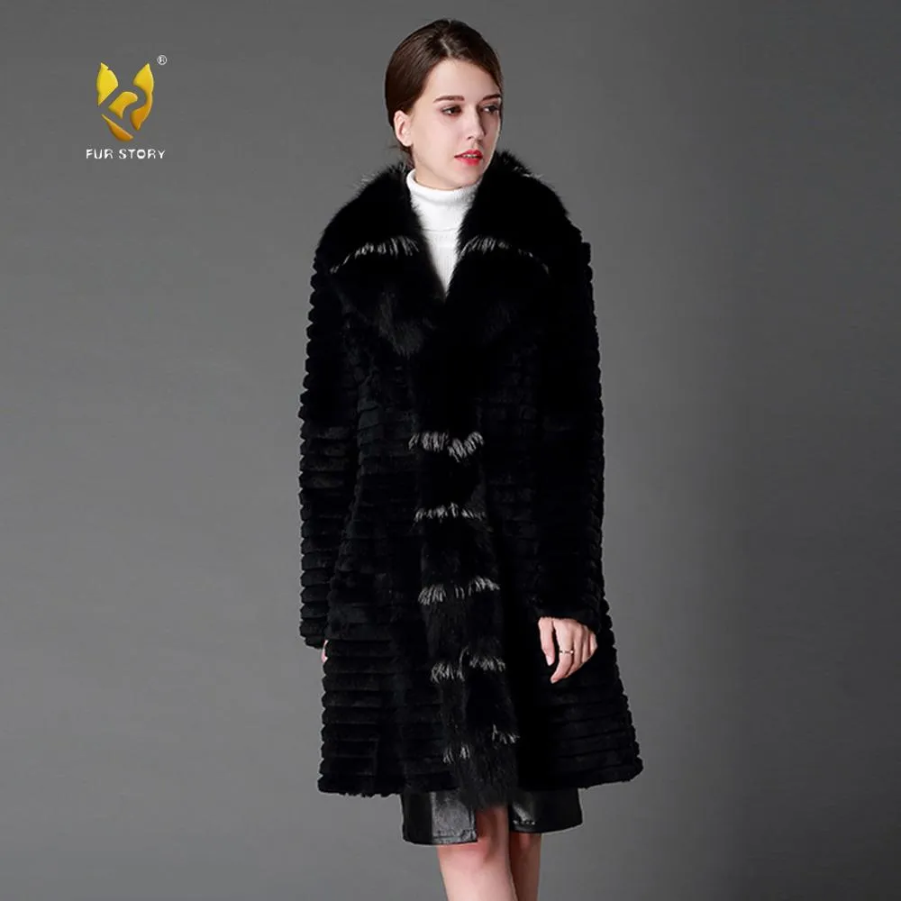 Women's Genuine Rabbit Fur Coat Genuine Fox Fur Collar Long Overcoat 15130