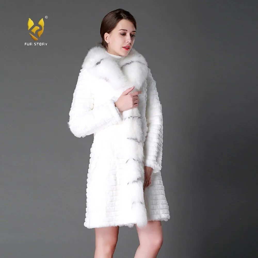 Women's Genuine Rabbit Fur Coat Genuine Fox Fur Collar Long Overcoat 15130