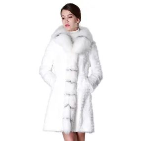 Women's Genuine Rabbit Fur Coat Genuine Fox Fur Collar Long Overcoat 15130