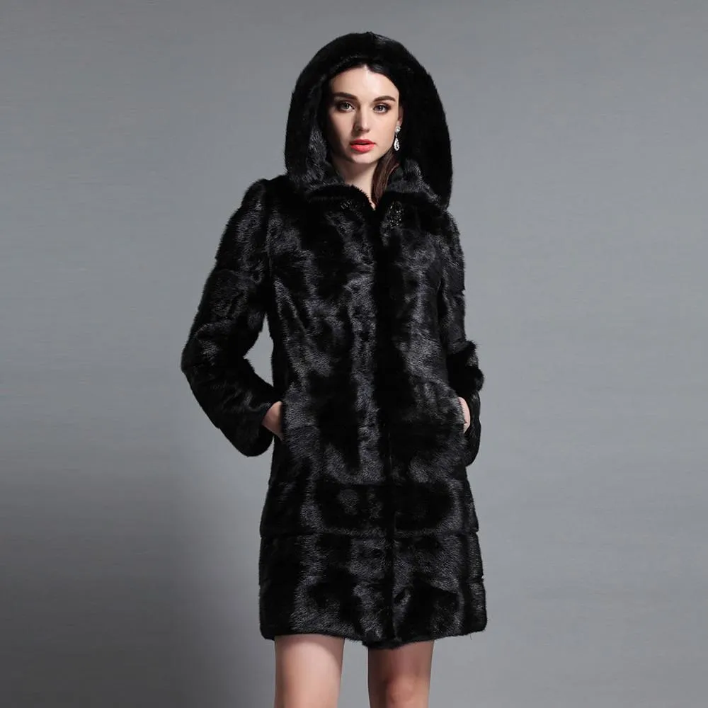 Women's Mink Fur Coat Large Size Cuff and Hem Removable Overcoat 161152