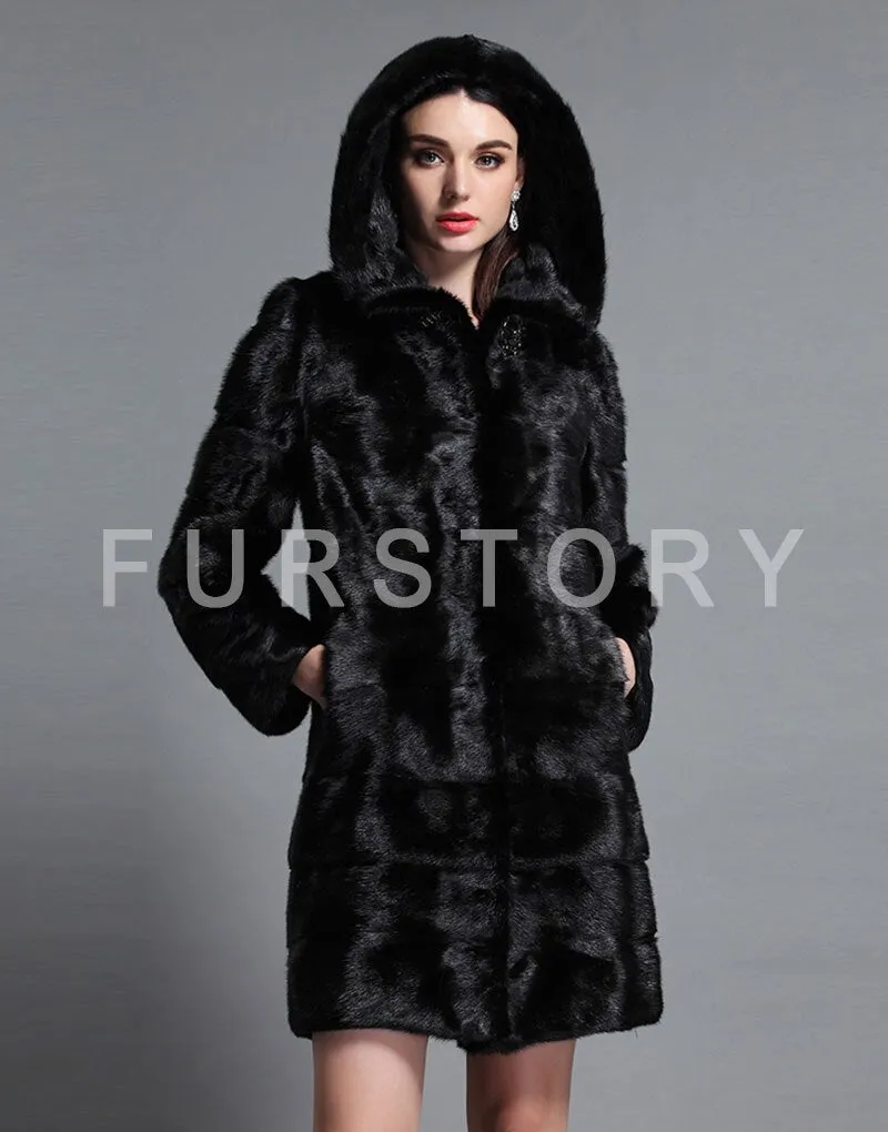 Women's Mink Fur Coat Large Size Cuff and Hem Removable Overcoat 161152