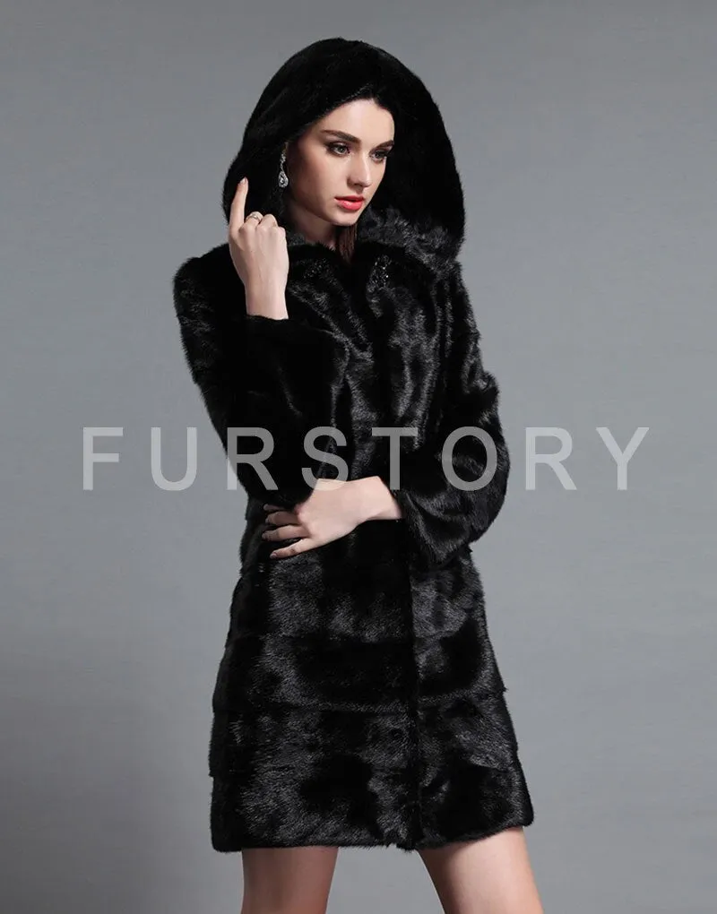 Women's Mink Fur Coat Large Size Cuff and Hem Removable Overcoat 161152