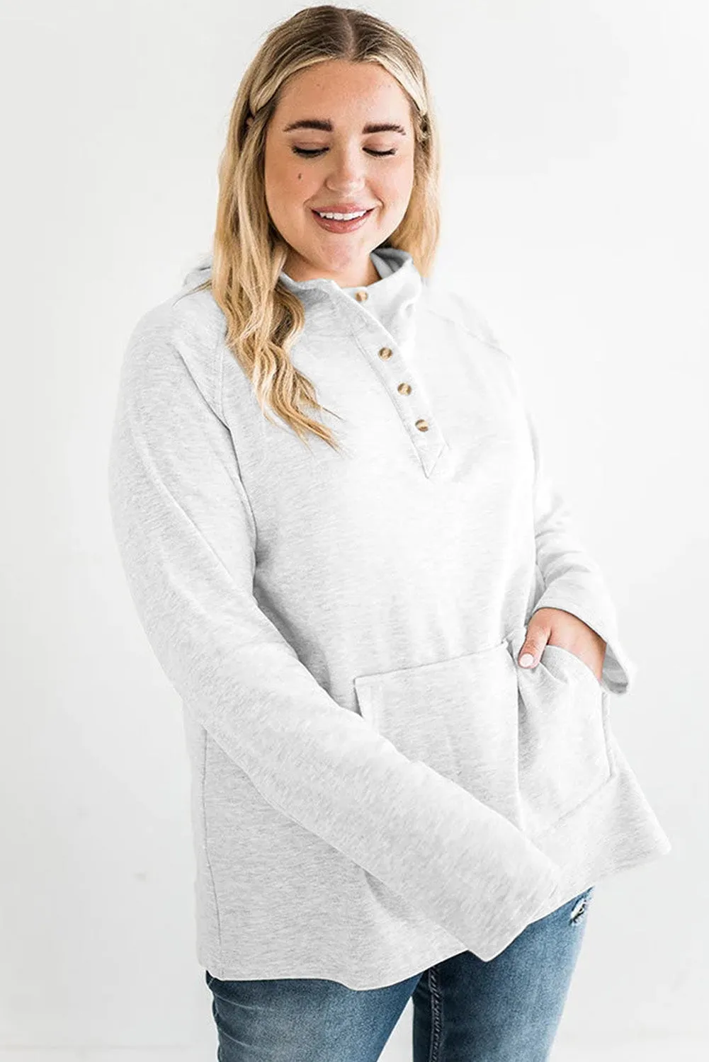 Women's Plus Size Kangaroo Pocket Henley Button Hoodie