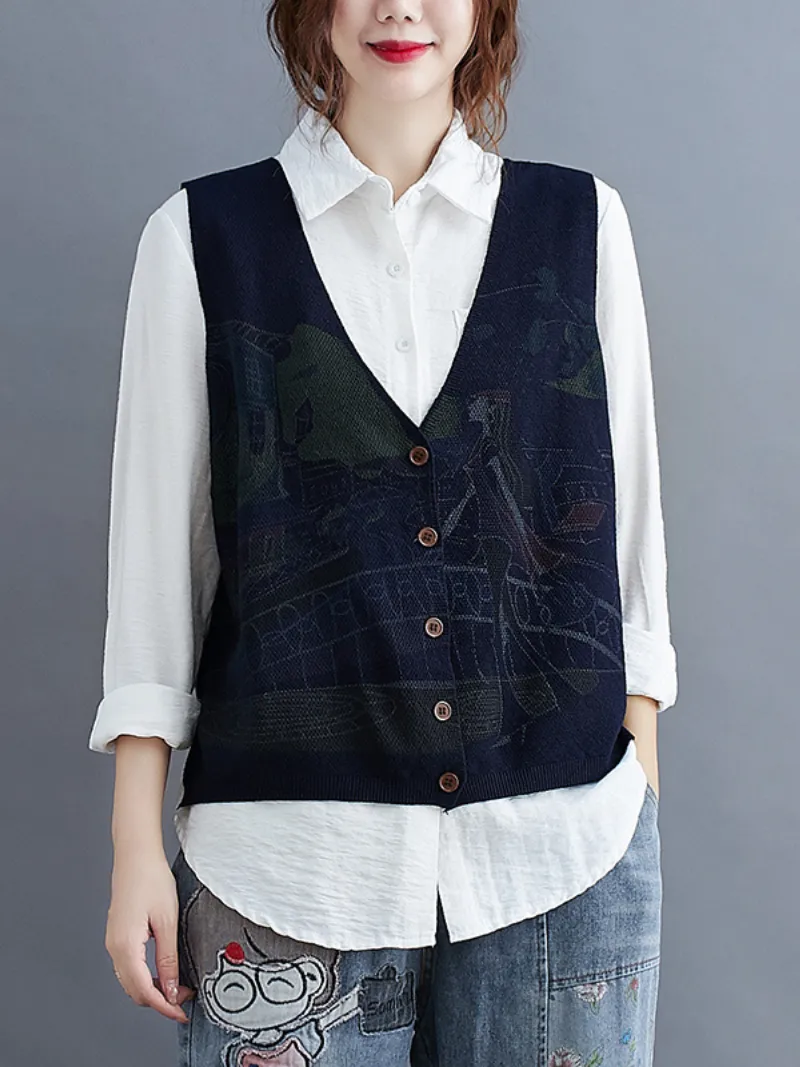 Women's Printing Sleeveless knitted Vest Sweater Cardigan Jacket