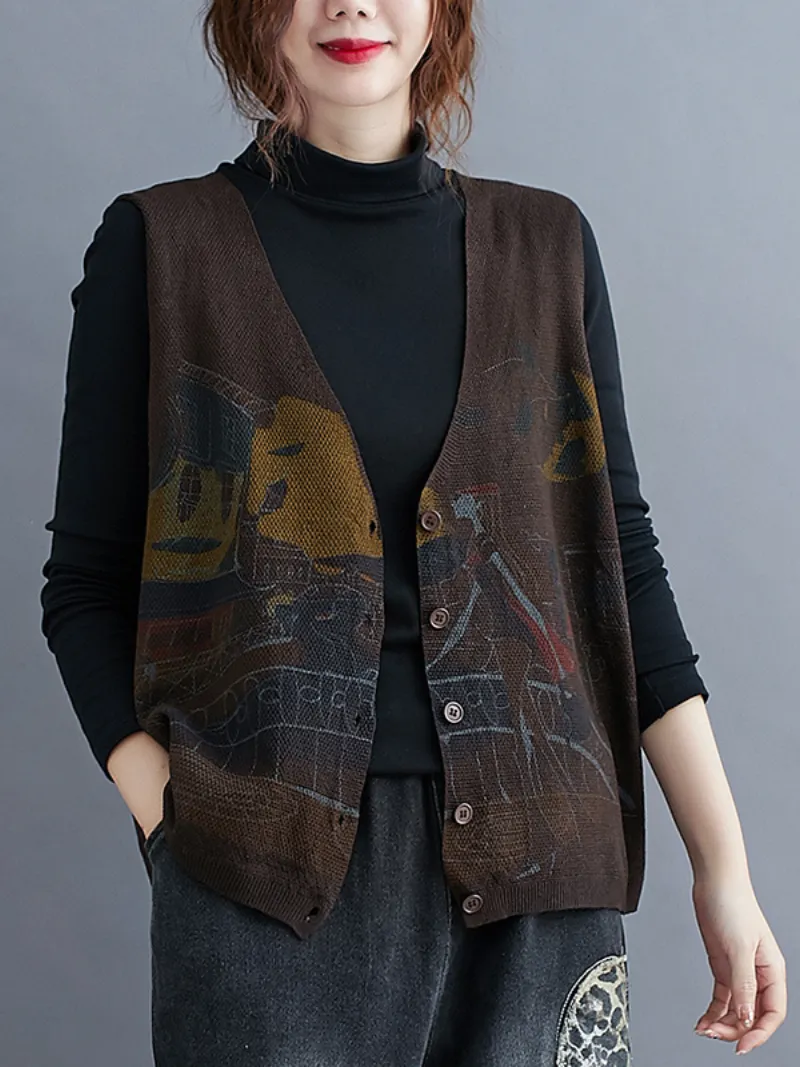 Women's Printing Sleeveless knitted Vest Sweater Cardigan Jacket