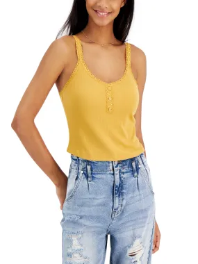 Women's Ribbed Lace-Trim Henley Tank Top,Mustard