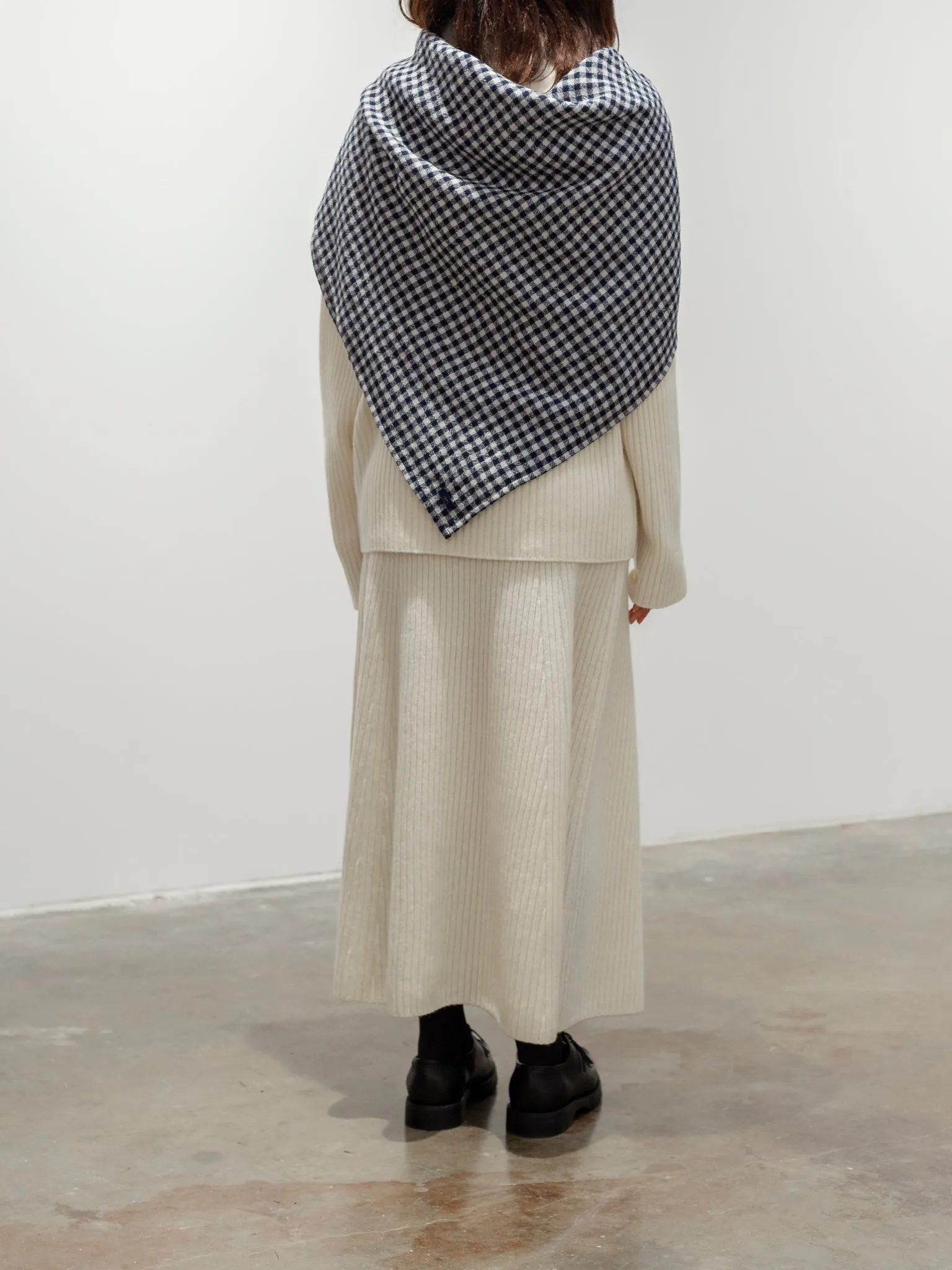 Wool Gauze Gingham Stole - White x Navy