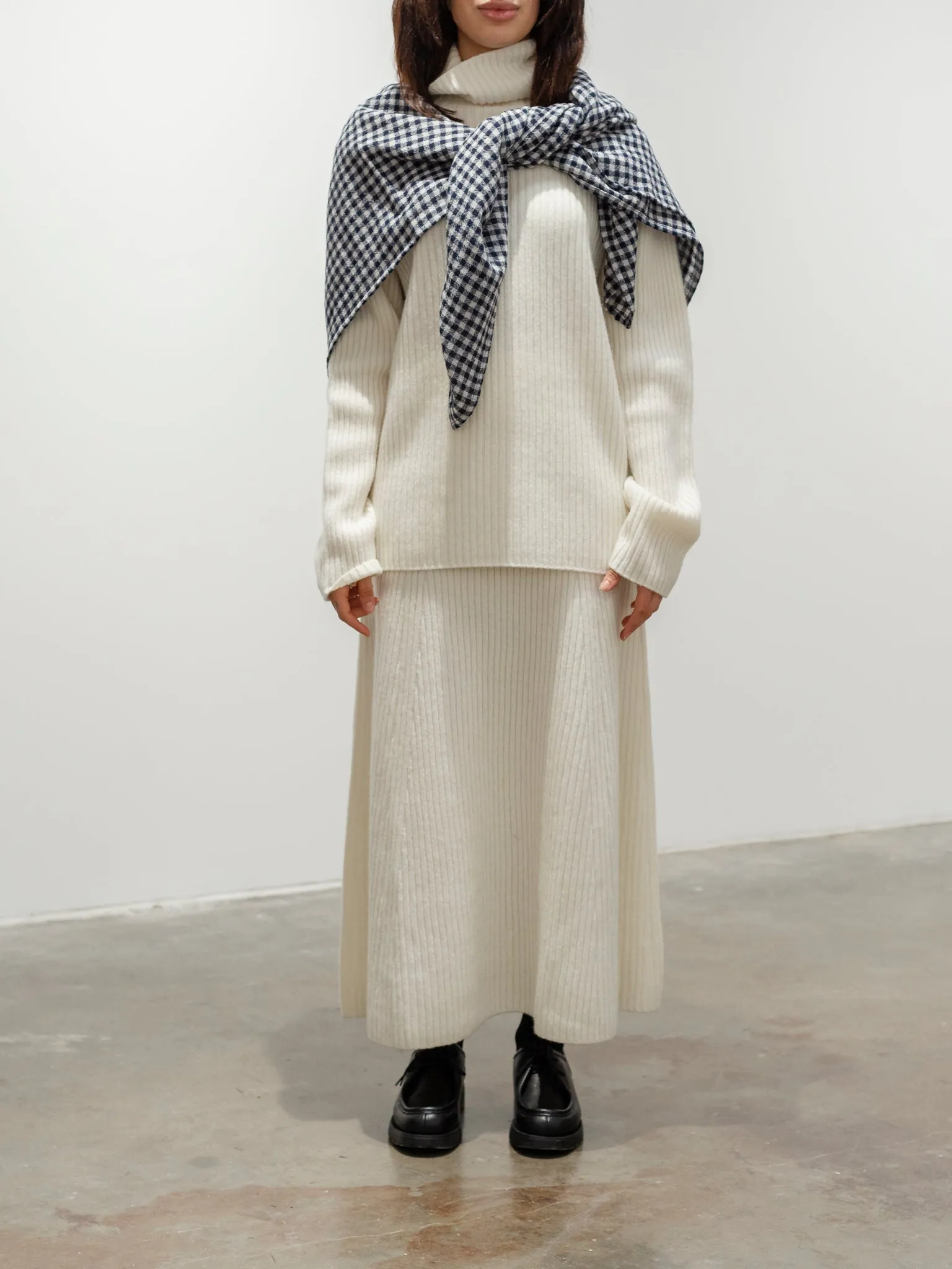 Wool Gauze Gingham Stole - White x Navy