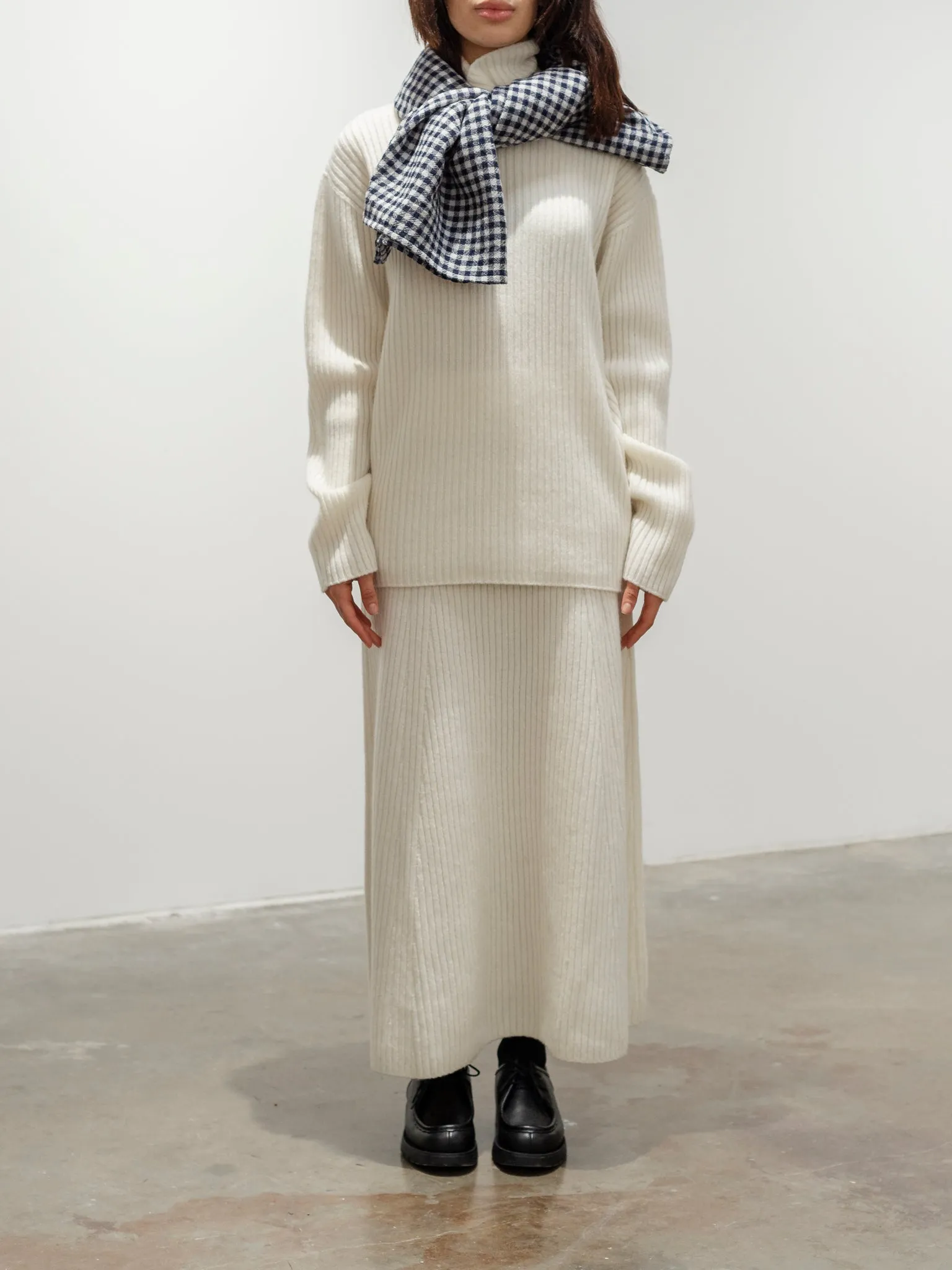 Wool Gauze Gingham Stole - White x Navy