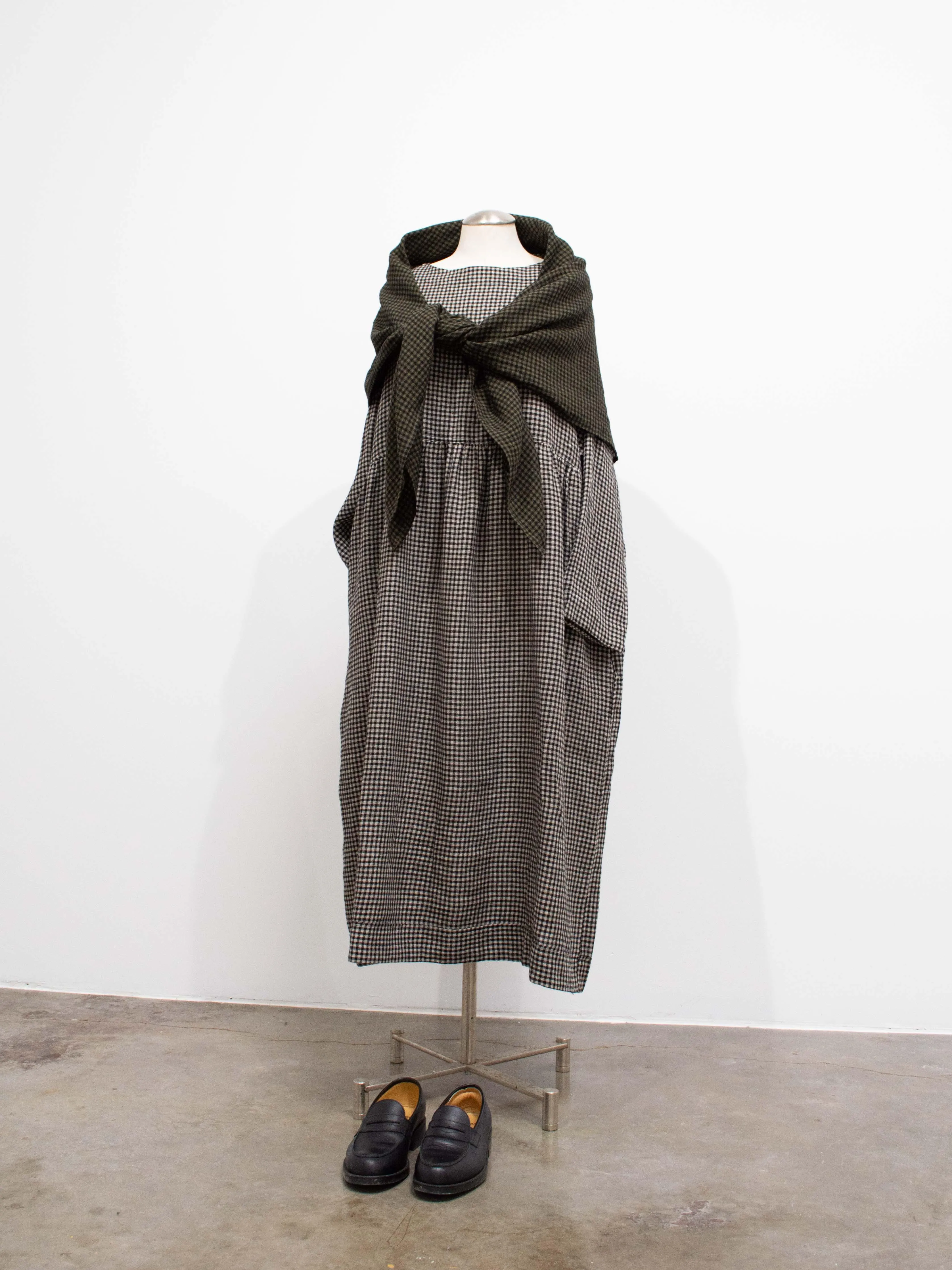 Wool Linen Gingham Stole - Olive x Black