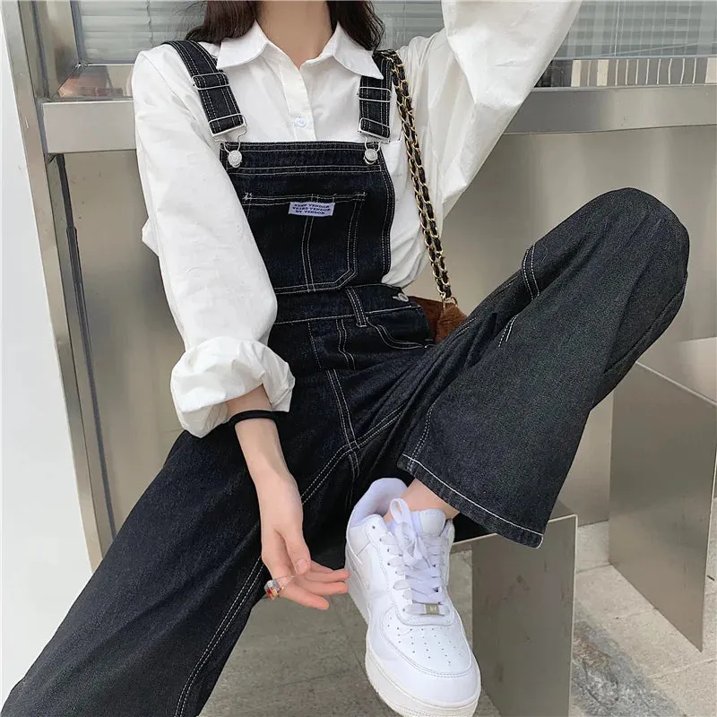 Y2k Retro Dark Blue Overalls Jeans for Women's Korean Fashion Denim Romper Jumpsuit Summer Loose Size High Street Baggy Trousers