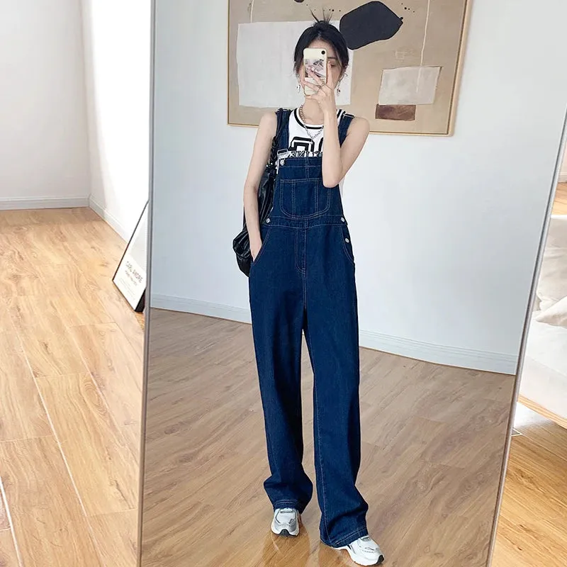 Y2k Retro Dark Blue Overalls Jeans for Women's Korean Fashion Denim Romper Jumpsuit Summer Loose Size High Street Baggy Trousers