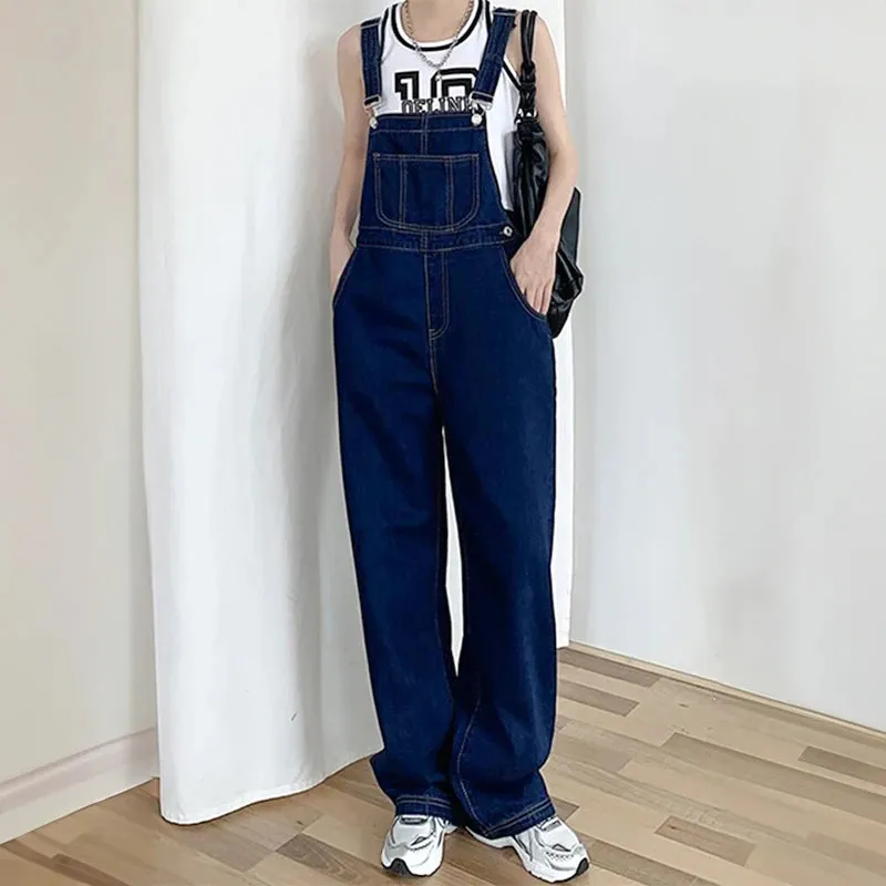 Y2k Retro Dark Blue Overalls Jeans for Women's Korean Fashion Denim Romper Jumpsuit Summer Loose Size High Street Baggy Trousers